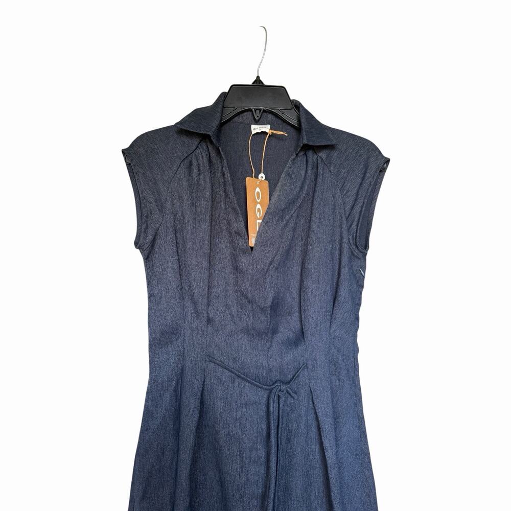 OGL Denim Look Midi Dress Collared Tie Waist Linen Blend NWT Extra Small - Picture 3 of 14